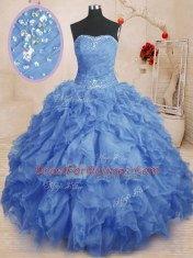 Custom Designed Blue Sleeveless Organza Lace Up Quince Ball Gowns for Military Ball and Sweet 16 and Quinceanera