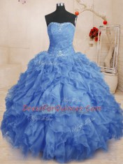 Custom Designed Blue Sleeveless Organza Lace Up Quince Ball Gowns for Military Ball and Sweet 16 and Quinceanera