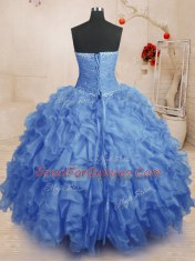 Custom Designed Blue Sleeveless Organza Lace Up Quince Ball Gowns for Military Ball and Sweet 16 and Quinceanera