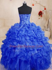 Sleeveless Floor Length Beading and Ruffles Lace Up 15 Quinceanera Dress with Royal Blue