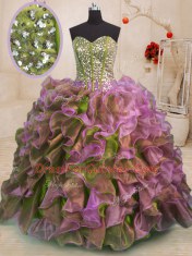 Multi-color Sleeveless Floor Length Beading and Ruffles Side Zipper Quinceanera Dress