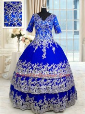 Ruffled Floor Length Royal Blue Quince Ball Gowns V-neck Half Sleeves Zipper