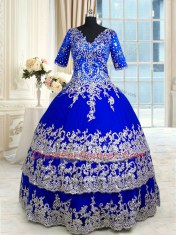 Ruffled Floor Length Royal Blue Quince Ball Gowns V-neck Half Sleeves Zipper