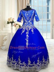 Ruffled Floor Length Royal Blue Quince Ball Gowns V-neck Half Sleeves Zipper