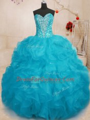 Fashionable Aqua Blue Organza Lace Up Sweetheart Sleeveless Floor Length Vestidos de Quinceanera Beading