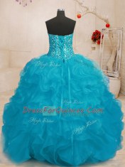 Fashionable Aqua Blue Organza Lace Up Sweetheart Sleeveless Floor Length Vestidos de Quinceanera Beading