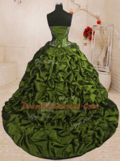 Decent Pick Ups Ruffled With Train Olive Green Vestidos de Quinceanera Sweetheart Sleeveless Sweep Train Lace Up