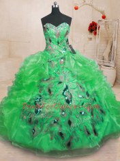 Green Zipper Sweetheart Beading and Appliques and Ruffles Sweet 16 Dresses Organza Sleeveless