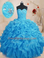 Baby Blue Ball Gowns Sweetheart Sleeveless Organza Floor Length Lace Up Beading and Ruffles Ball Gown Prom Dress