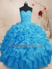 Baby Blue Ball Gowns Sweetheart Sleeveless Organza Floor Length Lace Up Beading and Ruffles Ball Gown Prom Dress