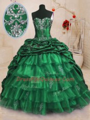 With Train Lace Up Quinceanera Gowns Dark Green for Military Ball and Sweet 16 and Quinceanera with Beading and Appliques and Ruffled Layers and Pick Ups Sweep Train