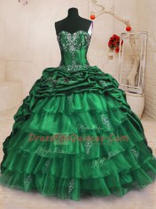 With Train Lace Up Quinceanera Gowns Dark Green for Military Ball and Sweet 16 and Quinceanera with Beading and Appliques and Ruffled Layers and Pick Ups Sweep Train