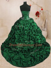 With Train Lace Up Quinceanera Gowns Dark Green for Military Ball and Sweet 16 and Quinceanera with Beading and Appliques and Ruffled Layers and Pick Ups Sweep Train