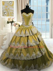 Olive Green Satin Lace Up Sweetheart Sleeveless With Train Quinceanera Dresses Beading and Appliques and Ruffled Layers