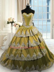Olive Green Satin Lace Up Sweetheart Sleeveless With Train Quinceanera Dresses Beading and Appliques and Ruffled Layers