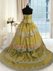 Olive Green Satin Lace Up Sweetheart Sleeveless With Train Quinceanera Dresses Beading and Appliques and Ruffled Layers