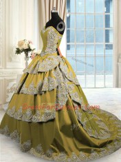 Olive Green Satin Lace Up Sweetheart Sleeveless With Train Quinceanera Dresses Beading and Appliques and Ruffled Layers