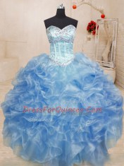 Most Popular Floor Length Light Blue Quince Ball Gowns Sweetheart Sleeveless Lace Up
