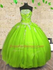 Amazing Ball Gowns Tulle Strapless Sleeveless Appliques and Ruching Floor Length Zipper 15 Quinceanera Dress