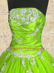 Amazing Ball Gowns Tulle Strapless Sleeveless Appliques and Ruching Floor Length Zipper 15 Quinceanera Dress