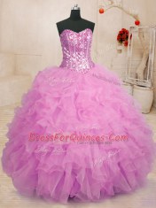 Organza Sweetheart Sleeveless Lace Up Beading and Ruffles Quinceanera Gowns in Lilac