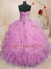 Organza Sweetheart Sleeveless Lace Up Beading and Ruffles Quinceanera Gowns in Lilac