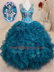 Popular Beading and Embroidery and Ruffles Quinceanera Dress Teal Backless Sleeveless Floor Length