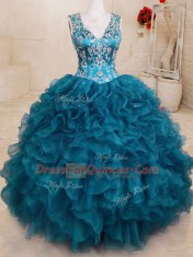 Popular Beading and Embroidery and Ruffles Quinceanera Dress Teal Backless Sleeveless Floor Length