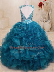 Popular Beading and Embroidery and Ruffles Quinceanera Dress Teal Backless Sleeveless Floor Length