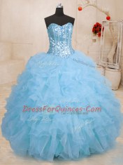 Organza Sweetheart Sleeveless Lace Up Beading and Ruffles Sweet 16 Quinceanera Dress in Baby Blue