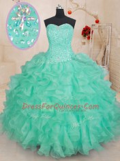 Apple Green Organza Lace Up Sweetheart Sleeveless Floor Length Quinceanera Dress Beading and Ruffles