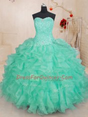 Apple Green Organza Lace Up Sweetheart Sleeveless Floor Length Quinceanera Dress Beading and Ruffles