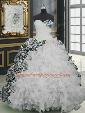Sweetheart Sleeveless 15th Birthday Dress With Brush Train Beading and Ruffles and Pattern White Organza and Printed