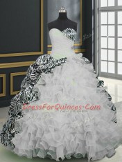 Sweetheart Sleeveless 15th Birthday Dress With Brush Train Beading and Ruffles and Pattern White Organza and Printed