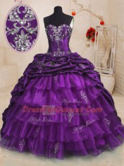 With Train Lace Up Quinceanera Dresses Purple for Military Ball and Sweet 16 and Quinceanera with Beading and Appliques and Ruffled Layers and Pick Ups Sweep Train