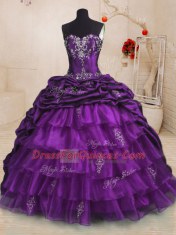 With Train Lace Up Quinceanera Dresses Purple for Military Ball and Sweet 16 and Quinceanera with Beading and Appliques and Ruffled Layers and Pick Ups Sweep Train