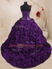 With Train Lace Up Quinceanera Dresses Purple for Military Ball and Sweet 16 and Quinceanera with Beading and Appliques and Ruffled Layers and Pick Ups Sweep Train