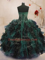 Modest Sleeveless Lace Up Floor Length Beading and Ruffles 15th Birthday Dress