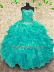 Fitting Sweetheart Sleeveless Lace Up Vestidos de Quinceanera Turquoise Organza