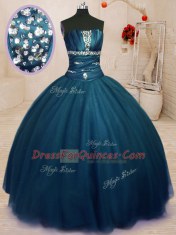 Unique Navy Blue Ball Gowns Tulle Strapless Sleeveless Beading Floor Length Lace Up Quinceanera Dress