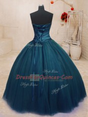 Unique Navy Blue Ball Gowns Tulle Strapless Sleeveless Beading Floor Length Lace Up Quinceanera Dress