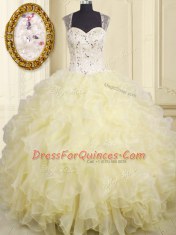 Smart Light Yellow Ball Gowns Organza Straps Sleeveless Beading and Ruffles Floor Length Lace Up Vestidos de Quinceanera