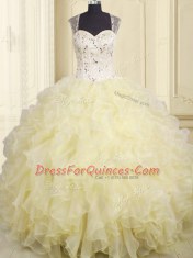 Smart Light Yellow Ball Gowns Organza Straps Sleeveless Beading and Ruffles Floor Length Lace Up Vestidos de Quinceanera