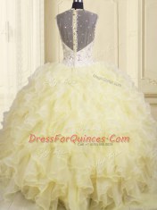Smart Light Yellow Ball Gowns Organza Straps Sleeveless Beading and Ruffles Floor Length Lace Up Vestidos de Quinceanera