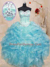 Beading and Ruffles Quinceanera Gown Aqua Blue Lace Up Sleeveless Floor Length