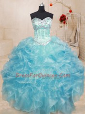 Beading and Ruffles Quinceanera Gown Aqua Blue Lace Up Sleeveless Floor Length
