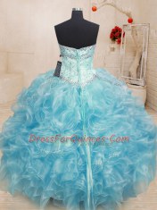Beading and Ruffles Quinceanera Gown Aqua Blue Lace Up Sleeveless Floor Length
