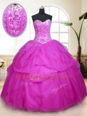 Tulle Sweetheart Sleeveless Lace Up Sequins and Pick Ups Quinceanera Dress in Fuchsia