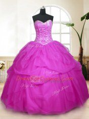 Tulle Sweetheart Sleeveless Lace Up Sequins and Pick Ups Quinceanera Dress in Fuchsia