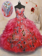 Floor Length Zipper Quince Ball Gowns Red for Military Ball and Sweet 16 and Quinceanera with Beading and Appliques and Ruffles
